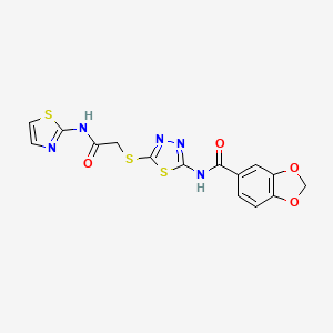 molecular formula C15H11N5O4S3 B2872776 N-(5-((2-oxo-2-(thiazol-2-ylamino)ethyl)thio)-1,3,4-thiadiazol-2-yl)benzo[d][1,3]dioxole-5-carboxamide CAS No. 477214-72-5