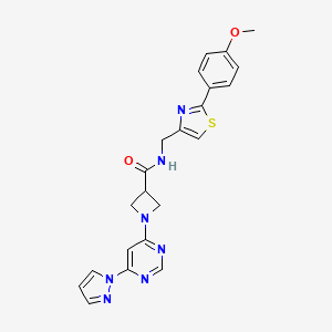 molecular formula C22H21N7O2S B2872802 1-(6-(1H-吡唑-1-基)嘧啶-4-基)-N-((2-(4-甲氧基苯基)噻唑-4-基)甲基)氮杂环丁-3-甲酰胺 CAS No. 2034361-08-3