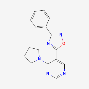 molecular formula C16H15N5O B2872852 3-Phenyl-5-(4-(pyrrolidin-1-yl)pyrimidin-5-yl)-1,2,4-oxadiazole CAS No. 2034393-67-2