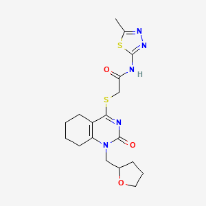 molecular formula C18H23N5O3S2 B2872854 N-(5-methyl-1,3,4-thiadiazol-2-yl)-2-((2-oxo-1-((tetrahydrofuran-2-yl)methyl)-1,2,5,6,7,8-hexahydroquinazolin-4-yl)thio)acetamide CAS No. 920366-21-8