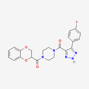 molecular formula C22H20FN5O4 B2872936 (2,3-dihydrobenzo[b][1,4]dioxin-2-yl)(4-(4-(4-fluorophenyl)-1H-1,2,3-triazole-5-carbonyl)piperazin-1-yl)methanone CAS No. 2034516-49-7