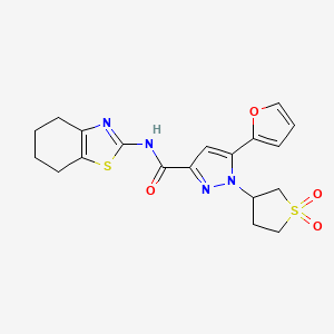 molecular formula C19H20N4O4S2 B2872952 1-(1,1-dioxidotetrahydrothiophen-3-yl)-5-(furan-2-yl)-N-(4,5,6,7-tetrahydrobenzo[d]thiazol-2-yl)-1H-pyrazole-3-carboxamide CAS No. 1203033-90-2