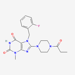 molecular formula C20H23FN6O3 B2872981 7-[(2-fluorophenyl)methyl]-3-methyl-8-(4-propanoylpiperazin-1-yl)-2,3,6,7-tetrahydro-1H-purine-2,6-dione CAS No. 1363941-81-4