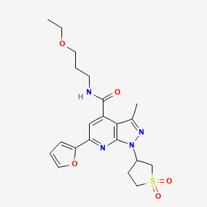 molecular formula C21H26N4O5S B2873078 1-(1,1-二氧化四氢噻吩-3-基)-N-(3-乙氧基丙基)-6-(呋喃-2-基)-3-甲基-1H-吡唑并[3,4-b]吡啶-4-甲酰胺 CAS No. 1021263-00-2