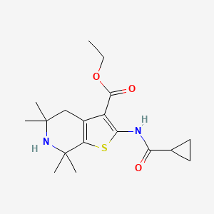 molecular formula C18H26N2O3S B2873203 Ethyl 2-(cyclopropanecarboxamido)-5,5,7,7-tetramethyl-4,5,6,7-tetrahydrothieno[2,3-c]pyridine-3-carboxylate CAS No. 887901-89-5