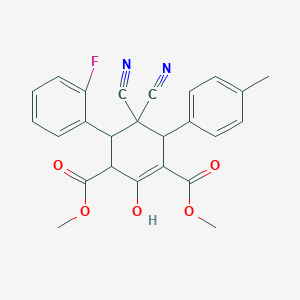 molecular formula C25H21FN2O5 B2873223 5,5-二氰基-4-(2-氟苯基)-2-羟基-6-(4-甲基苯基)-1-环己烯-1,3-二甲酯 CAS No. 1212316-07-8