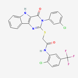 molecular formula C25H15Cl2F3N4O2S B2873282 N-(2-chloro-5-(trifluoromethyl)phenyl)-2-((3-(3-chlorophenyl)-4-oxo-4,5-dihydro-3H-pyrimido[5,4-b]indol-2-yl)thio)acetamide CAS No. 536714-02-0