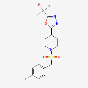 molecular formula C15H15F4N3O3S B2873305 2-(1-((4-Fluorobenzyl)sulfonyl)piperidin-4-yl)-5-(trifluoromethyl)-1,3,4-oxadiazole CAS No. 1705349-56-9