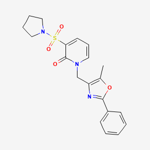 molecular formula C20H21N3O4S B2873307 1-((5-methyl-2-phenyloxazol-4-yl)methyl)-3-(pyrrolidin-1-ylsulfonyl)pyridin-2(1H)-one CAS No. 1396765-18-6