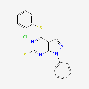 molecular formula C18H13ClN4S2 B2873340 2-chlorophenyl 6-(methylsulfanyl)-1-phenyl-1H-pyrazolo[3,4-d]pyrimidin-4-yl sulfide CAS No. 478247-62-0