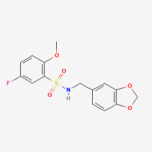 molecular formula C15H14FNO5S B2873348 N-(1,3-benzodioxol-5-ylmethyl)-5-fluoro-2-methoxybenzenesulfonamide CAS No. 691380-68-4