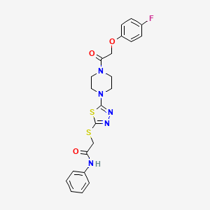 molecular formula C22H22FN5O3S2 B2873360 2-((5-(4-(2-(4-氟苯氧基)乙酰)哌嗪-1-基)-1,3,4-噻二唑-2-基)硫代)-N-苯基乙酰胺 CAS No. 1105225-32-8