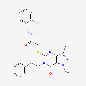 molecular formula C25H26ClN5O2S B2873364 N-[(2-chlorophenyl)methyl]-2-{[1-ethyl-3-methyl-7-oxo-6-(2-phenylethyl)-1H,6H,7H-pyrazolo[4,3-d]pyrimidin-5-yl]sulfanyl}acetamide CAS No. 1358372-30-1