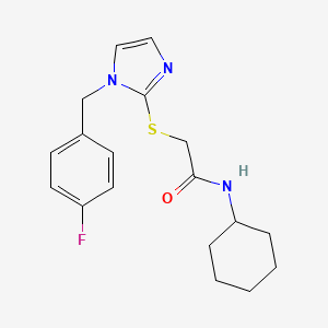 molecular formula C18H22FN3OS B2873389 N-环己基-2-[1-[(4-氟苯基)甲基]咪唑-2-基]硫代乙酰胺 CAS No. 869346-15-6