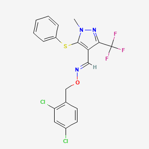 molecular formula C19H14Cl2F3N3OS B2873427 1-methyl-5-(phenylsulfanyl)-3-(trifluoromethyl)-1H-pyrazole-4-carbaldehyde O-(2,4-dichlorobenzyl)oxime CAS No. 321553-28-0