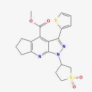 molecular formula C19H19N3O4S2 B2873460 Methyl 1-(1,1-dioxidotetrahydrothiophen-3-yl)-3-(thiophen-2-yl)-1,5,6,7-tetrahydrocyclopenta[b]pyrazolo[4,3-e]pyridine-4-carboxylate CAS No. 1040636-97-2