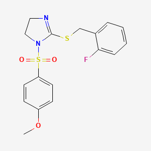 molecular formula C17H17FN2O3S2 B2873492 2-[(2-Fluorophenyl)methylsulfanyl]-1-(4-methoxyphenyl)sulfonyl-4,5-dihydroimidazole CAS No. 868218-53-5