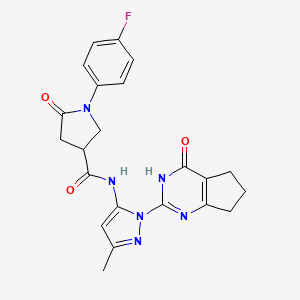 molecular formula C22H21FN6O3 B2873499 1-(4-fluorophenyl)-N-(3-methyl-1-(4-oxo-4,5,6,7-tetrahydro-3H-cyclopenta[d]pyrimidin-2-yl)-1H-pyrazol-5-yl)-5-oxopyrrolidine-3-carboxamide CAS No. 1005998-11-7