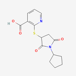 molecular formula C15H16N2O4S B2873502 2-((1-Cyclopentyl-2,5-dioxopyrrolidin-3-yl)thio)nicotinic acid CAS No. 881483-73-4
