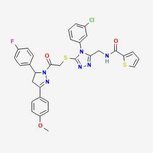 molecular formula C32H26ClFN6O3S2 B2873570 N-((4-(3-chlorophenyl)-5-((2-(5-(4-fluorophenyl)-3-(4-methoxyphenyl)-4,5-dihydro-1H-pyrazol-1-yl)-2-oxoethyl)thio)-4H-1,2,4-triazol-3-yl)methyl)thiophene-2-carboxamide CAS No. 362507-65-1