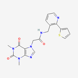 molecular formula C19H18N6O3S B2873649 2-(1,3-二甲基-2,6-二氧代-2,3-二氢-1H-嘌呤-7(6H)-基)-N-((2-(噻吩-2-基)吡啶-3-基)甲基)乙酰胺 CAS No. 2034434-72-3