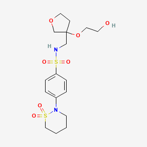 molecular formula C17H26N2O7S2 B2873672 4-(1,1-dioxido-1,2-thiazinan-2-yl)-N-((3-(2-hydroxyethoxy)tetrahydrofuran-3-yl)methyl)benzenesulfonamide CAS No. 2309752-53-0