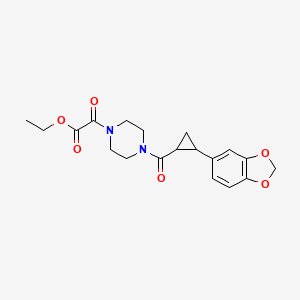 molecular formula C19H22N2O6 B2873897 Ethyl 2-(4-(2-(benzo[d][1,3]dioxol-5-yl)cyclopropanecarbonyl)piperazin-1-yl)-2-oxoacetate CAS No. 1219906-81-6