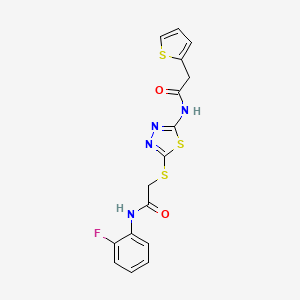 molecular formula C16H13FN4O2S3 B2873911 N-(2-fluorophenyl)-2-((5-(2-(thiophen-2-yl)acetamido)-1,3,4-thiadiazol-2-yl)thio)acetamide CAS No. 477213-05-1