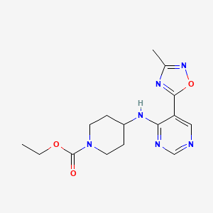 molecular formula C15H20N6O3 B2873960 4-((5-(3-甲基-1,2,4-恶二唑-5-基)嘧啶-4-基)氨基)哌啶-1-甲酸乙酯 CAS No. 2034393-00-3