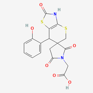 molecular formula C17H14N2O6S2 B2873963 2-(7'-(2-Hydroxyphenyl)-2,2',5-trioxo-2',3',5',7'-tetrahydrospiro[pyrrolidine-3,6'-thiopyrano[2,3-d]thiazol]-1-yl)acetic acid CAS No. 898638-43-2
