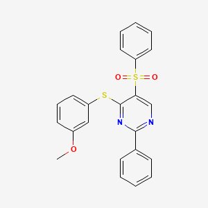 molecular formula C23H18N2O3S2 B2873967 4-[(3-Methoxyphenyl)sulfanyl]-2-phenyl-5-pyrimidinyl phenyl sulfone CAS No. 478080-94-3