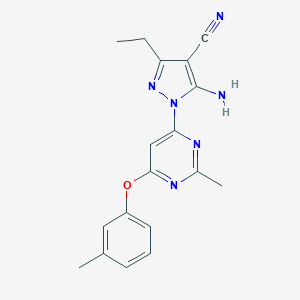 molecular formula C18H18N6O B287402 5-amino-3-ethyl-1-[2-methyl-6-(3-methylphenoxy)-4-pyrimidinyl]-1H-pyrazole-4-carbonitrile 