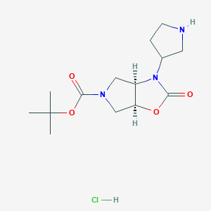 molecular formula C14H24ClN3O4 B2874024 Tert-butyl (3aR,6aS)-2-oxo-3-pyrrolidin-3-yl-3a,4,6,6a-tetrahydropyrrolo[3,4-d][1,3]oxazole-5-carboxylate;hydrochloride CAS No. 2580128-34-1