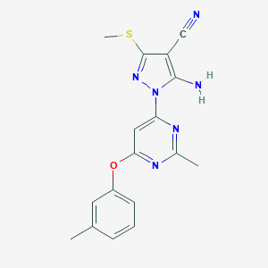 molecular formula C17H16N6OS B287403 5-amino-1-[2-methyl-6-(3-methylphenoxy)-4-pyrimidinyl]-3-(methylsulfanyl)-1H-pyrazole-4-carbonitrile 