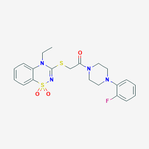 molecular formula C21H23FN4O3S2 B2874124 2-[(4-ethyl-1,1-dioxido-4H-1,2,4-benzothiadiazin-3-yl)sulfanyl]-1-[4-(2-fluorophenyl)piperazin-1-yl]ethanone CAS No. 1029734-98-2