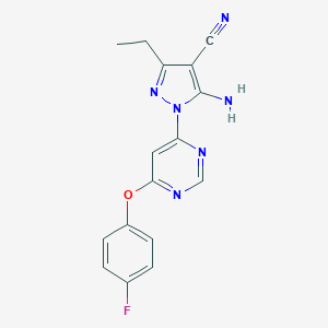 molecular formula C16H13FN6O B287414 5-amino-3-ethyl-1-[6-(4-fluorophenoxy)-4-pyrimidinyl]-1H-pyrazole-4-carbonitrile 