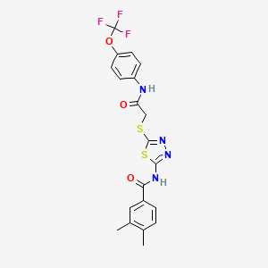 molecular formula C20H17F3N4O3S2 B2874147 3,4-二甲基-N-(5-((2-氧代-2-((4-(三氟甲氧基)苯基)氨基)乙基)硫代)-1,3,4-噻二唑-2-基)苯甲酰胺 CAS No. 868977-09-7