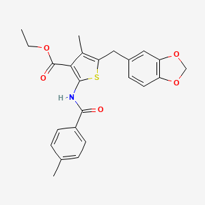 molecular formula C24H23NO5S B2874160 Ethyl 5-(1,3-benzodioxol-5-ylmethyl)-4-methyl-2-[(4-methylbenzoyl)amino]thiophene-3-carboxylate CAS No. 476365-23-8