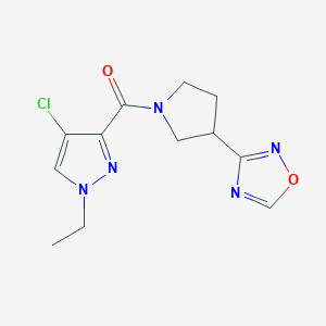 molecular formula C12H14ClN5O2 B2874210 (3-(1,2,4-恶二唑-3-基)吡咯烷-1-基)(4-氯-1-乙基-1H-吡唑-3-基)甲苯酮 CAS No. 2034551-33-0