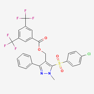 molecular formula C26H17ClF6N2O4S B2874257 [5-(4-Chlorophenyl)sulfonyl-1-methyl-3-phenylpyrazol-4-yl]methyl 3,5-bis(trifluoromethyl)benzoate CAS No. 318289-12-2
