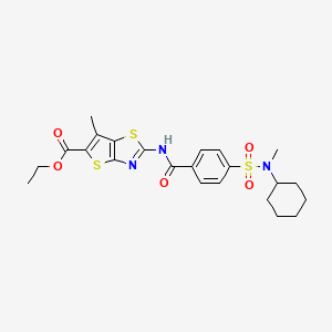 molecular formula C23H27N3O5S3 B2874258 2-(4-(N-环己基-N-甲基磺酰基)苯甲酰胺)-6-甲基噻吩并[2,3-d]噻唑-5-羧酸乙酯 CAS No. 683790-98-9