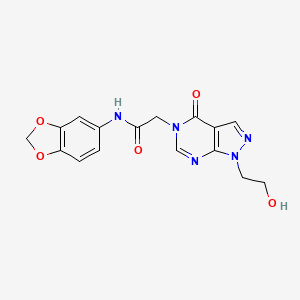 molecular formula C16H15N5O5 B2874264 N-(1,3-苯并二氧杂环-5-基)-2-[1-(2-羟乙基)-4-氧代吡唑并[3,4-d]嘧啶-5-基]乙酰胺 CAS No. 899742-66-6
