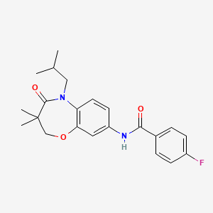 molecular formula C22H25FN2O3 B2874292 4-fluoro-N-(5-isobutyl-3,3-dimethyl-4-oxo-2,3,4,5-tetrahydrobenzo[b][1,4]oxazepin-8-yl)benzamide CAS No. 921810-03-9