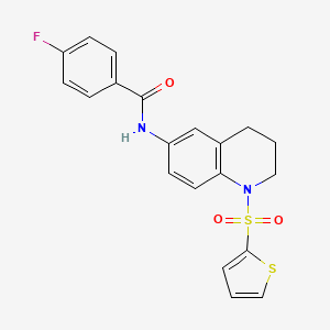 molecular formula C20H17FN2O3S2 B2874328 4-fluoro-N-(1-thiophen-2-ylsulfonyl-3,4-dihydro-2H-quinolin-6-yl)benzamide CAS No. 941882-55-9