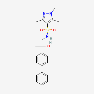 molecular formula C21H25N3O3S B2874368 N-(2-([1,1'-biphenyl]-4-yl)-2-hydroxypropyl)-1,3,5-trimethyl-1H-pyrazole-4-sulfonamide CAS No. 1448124-02-4