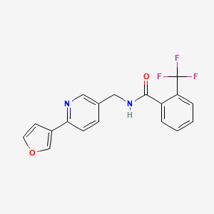 molecular formula C18H13F3N2O2 B2874374 N-((6-(furan-3-yl)pyridin-3-yl)methyl)-2-(trifluoromethyl)benzamide CAS No. 2034386-68-8
