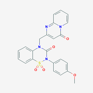 molecular formula C23H18N4O5S B2874416 2-(4-methoxyphenyl)-4-((4-oxo-4H-pyrido[1,2-a]pyrimidin-2-yl)methyl)-2H-benzo[e][1,2,4]thiadiazin-3(4H)-one 1,1-dioxide CAS No. 866864-55-3