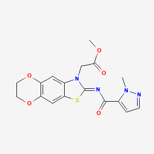 molecular formula C17H16N4O5S B2874450 (E)-methyl 2-(2-((1-methyl-1H-pyrazole-5-carbonyl)imino)-6,7-dihydro-[1,4]dioxino[2',3':4,5]benzo[1,2-d]thiazol-3(2H)-yl)acetate CAS No. 1173511-38-0