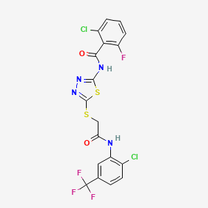 molecular formula C18H10Cl2F4N4O2S2 B2874456 2-chloro-N-(5-((2-((2-chloro-5-(trifluoromethyl)phenyl)amino)-2-oxoethyl)thio)-1,3,4-thiadiazol-2-yl)-6-fluorobenzamide CAS No. 389072-99-5