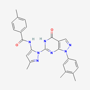 molecular formula C25H23N7O2 B2874459 N-(1-(1-(3,4-dimethylphenyl)-4-oxo-4,5-dihydro-1H-pyrazolo[3,4-d]pyrimidin-6-yl)-3-methyl-1H-pyrazol-5-yl)-4-methylbenzamide CAS No. 1172500-20-7